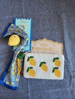 NWT Beaded Lemon Pouch with Piper K Yellow Lemon Key Bag Charm Striped Scarf Set
